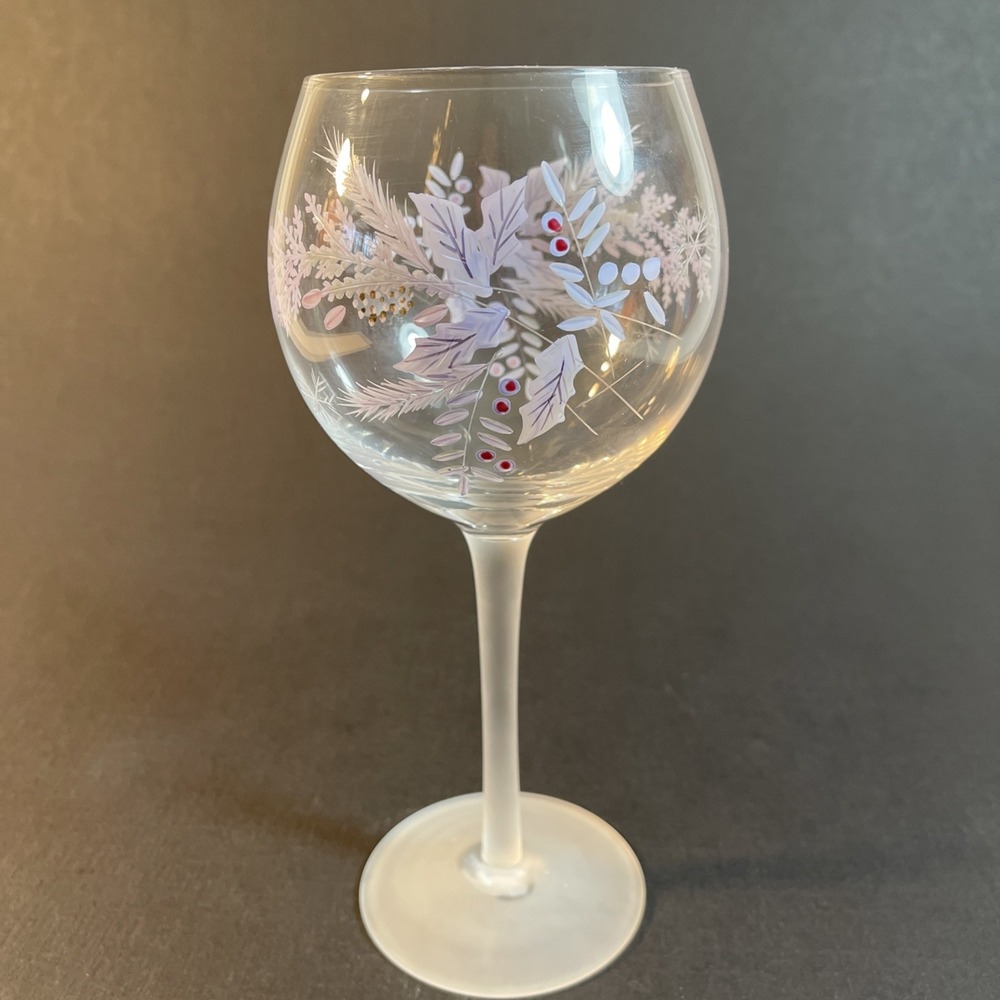 Pfaltzgraff Winter Frost Wine Goblet Handpainted Frosted Stem 8.5" Holiday Glass